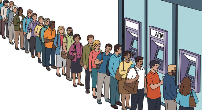 Long queue of diverse people waiting patiently in line to use bank automated teller machines or ATMs at a financial building entrance.