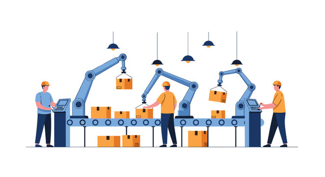 Industrial automated assembly line with robotic arms moving boxes and workers monitoring the process from control panels.