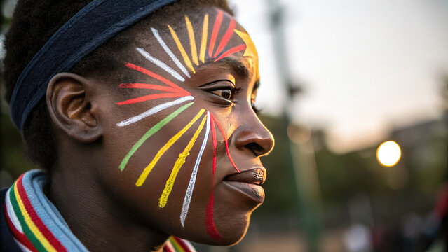 Football fans cheering loudly in night stadium concept. Portrait of a woman with colorful facial paint expressing culture.