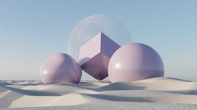 Surreal dreamcore landscape with floating pastel geometric shapes over white desert