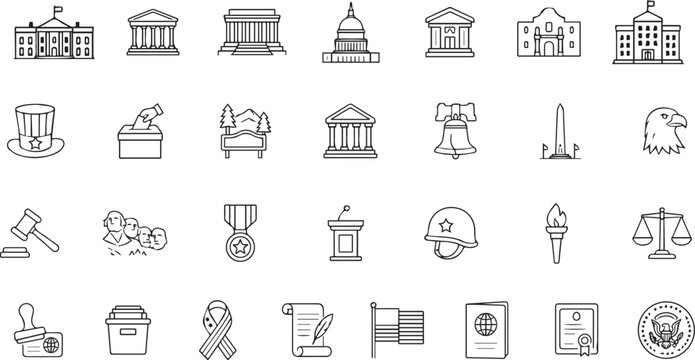 Government, law, and politics icons, 25 line icons, black and white, vector graphics