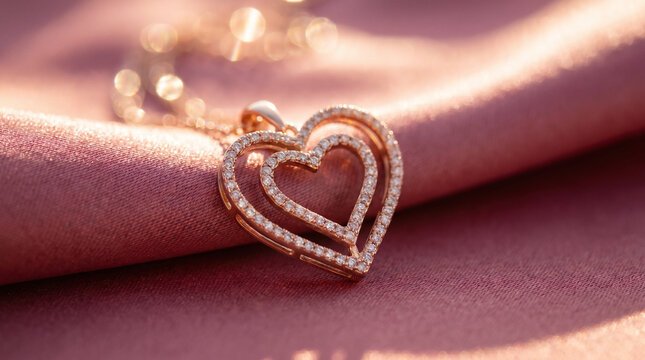 Luxury rose gold double heart pendant necklace with diamonds on pink silk fabric, romantic gift concept macro
