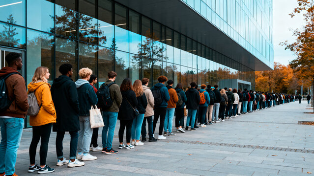 Large group of individuals patiently queuing in an orderly line outside a contemporary office building, reflecting modern urban gatherings and anticipation