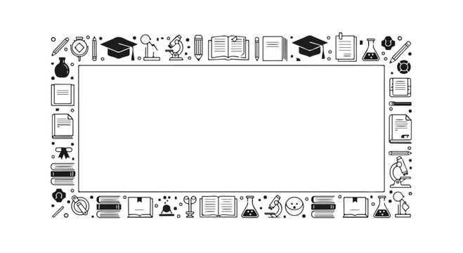 Black and white illustration of a rectangular frame surrounded by various icons and symbols on a plain white background with a monochromatic color scheme.
