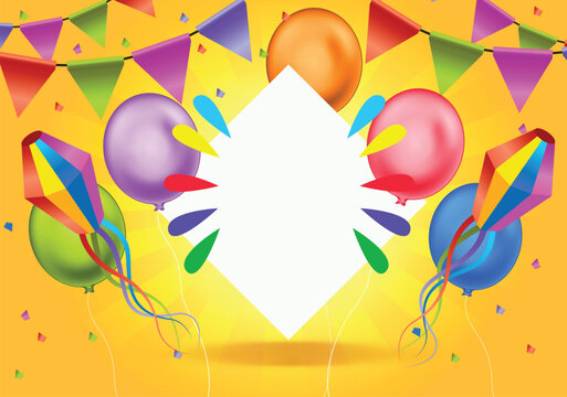 Colorful balloons and pennant flags with blank diamond shaped banner festive party background