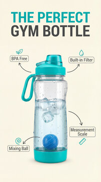 Gym water bottle features infographic showing bpa free material built in filter mixing ball measurement scale in fitness hydration product concept for retail design commercial reference