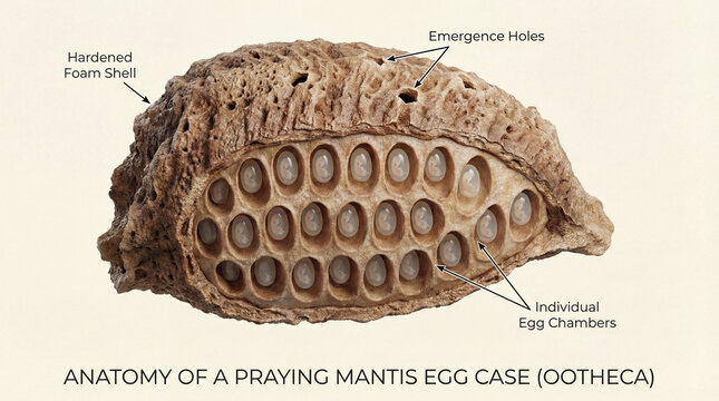 Praying mantis egg case anatomy educational infographic with hardened foam shell emergence holes individual egg chambers insect reproduction concept for biology learning poster museum display