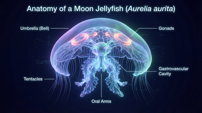 Moon jellyfish anatomy infographic showing umbrella gonads tentacles oral arms plus gastrovascular cavity for marine biology education classroom poster ocean visual reference guide