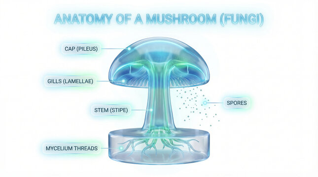 Mushroom anatomy infographic showing cap gills stem spores plus mycelium threads for mycology education classroom poster fungus structure visual reference isolated for science poster