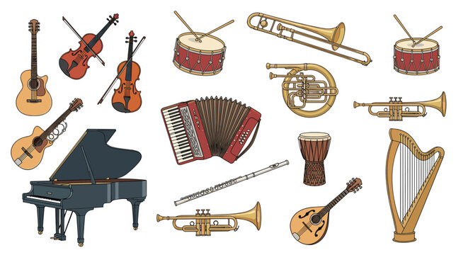 Collection of various musical instruments including piano guitar violin drums trumpet flute accordion and harp shown on a white background.
