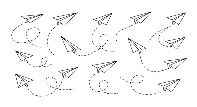 Collection of various paper airplanes flying in different directions with dashed lines showing their winding flight paths on a white background.