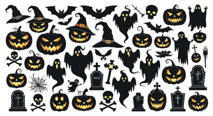 Obraz premium Comprehensive set of Halloween themed silhouettes featuring pumpkins, ghosts, bats, witch hats, skulls, and gravestones with glowing eyes.
