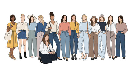 Obraz premium Group of diverse women standing together showcasing different fashion styles like casual denim, elegant blouses, and trendy hats.