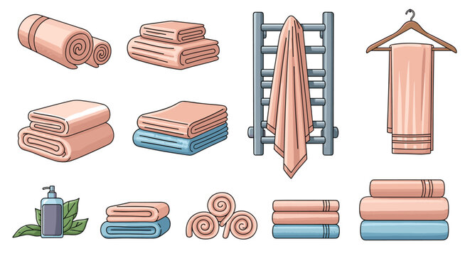 Selection of soft towels in peach and blue colors shown folded in stacks, rolled up, and hanging on a rack for bathroom organization.