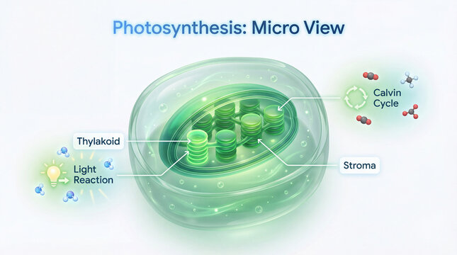 3d photosynthesis micro view infographic of chloroplast with thylakoid stroma light reaction calvin cycle for biology education classroom posters science publishing research communication