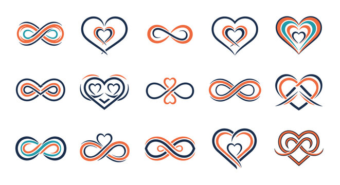 Set of artistic logos combining heart shapes and infinity symbols in blue and orange brush strokes for themes of love and eternity.