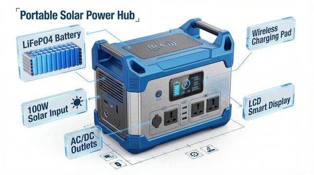 Portable solar power hub infographic showing battery solar input outlets wireless charging display in clean energy backup concept for product presentation marketing visual reference