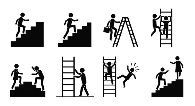 Collection of black stick figure icons showing various scenarios of people climbing stairs and ladders, including one person falling.