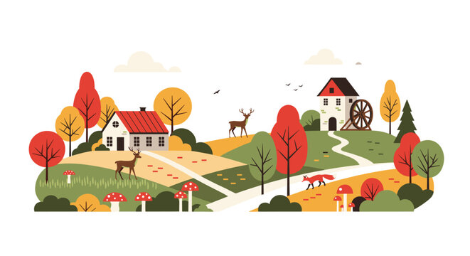 Charming autumn landscape illustration with rural houses, colorful fall trees, and forest animals like deer and foxes in the hills.