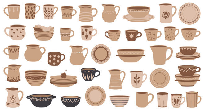 Grid of rustic ceramic tableware including various patterned mugs, bowls, plates, and pitchers in a cozy hand crafted pottery style.