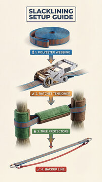 Slackline setup guide showing webbing ratchet tensioner tree protectors backup line in outdoor balance sport equipment infographic for training manual poster design commercial reference