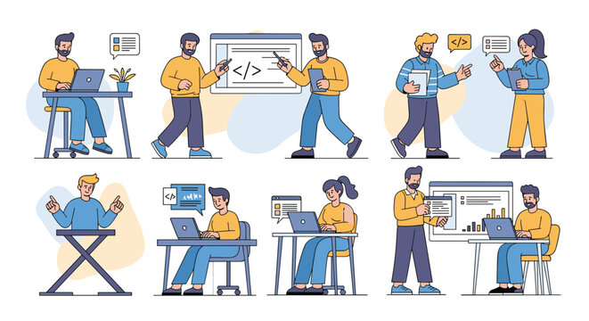 Group of diverse software developers and programmers working on code and presenting digital solutions in a flat design style.