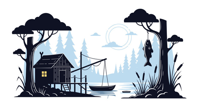 Scenic silhouette illustration of a peaceful fishing cabin by a lake at sunset with tall pine trees and a large hanging fish.