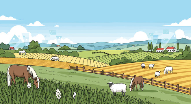 Beautiful rural farm landscape with horses grazing in green pastures and sheep in golden fields under a clear blue summer sky.