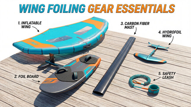 3d wing foiling gear infographic with inflatable wing foil board carbon mast hydrofoil wing safety leash arranged on dock for watersports education beginner guides retail marketing