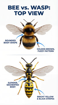 Bee versus wasp comparison infographic showing rounded fuzzy pollinator plus slender striped predator from top view for insect education wildlife poster visual reference classroom use