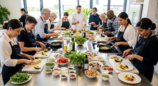 Diverse Professional Culinary Students Learning Cooking Skills in Kitchen Class