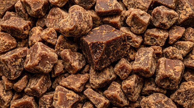 Rich brown chunks of unrefined jaggery sugar piled in a close-up view displaying its rustic texture and deep caramel color for sweet backgrounds