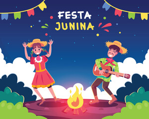 Naklejka premium Festa Junina illustration with dancing couple and bonfire traditional brazilian june festival high quality
