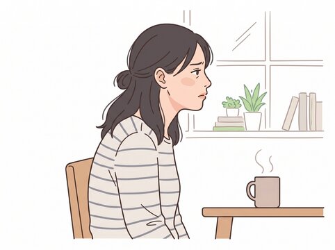 20代女性に多い座り姿勢の崩れ・首肩に負担がかかる猫背・巻き肩の姿勢イラスト