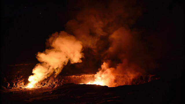 Burning grill with sparks and smoky fog frame concept. Volcanic activity emitting smoke and flames at night.