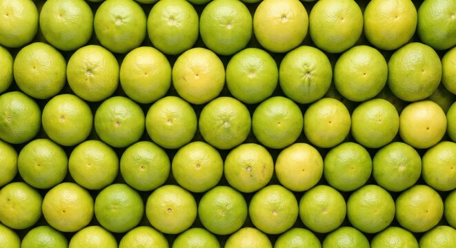A uniform arrangement of bright green limes meticulously organized in neat rows, highlighting their smooth citrus skins and refreshing appearance