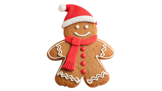 Traditional festive gingerbread man cookie for Christmas holiday celebration and sweet bakery snack concepts isolated on transparent background cut out