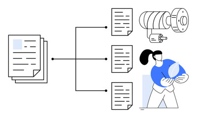 Data organization, sustainability, document processing, resource management, information flow, eco practices. Visual of documents, processing system and person holding a leaf icon. Data organization © robu_s