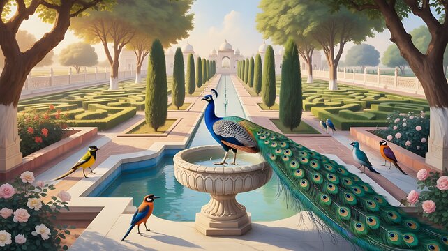 Ancient Roman garden with balustrade, fountain, temple, dome, peacock, parrot, bird, flower seamless pattern illustration
