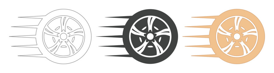 Obraz premium Dynamic car wheel icon set, speeding vehicle tire symbol with motion blur, automotive transport vector graphic for fast delivery and racing concepts