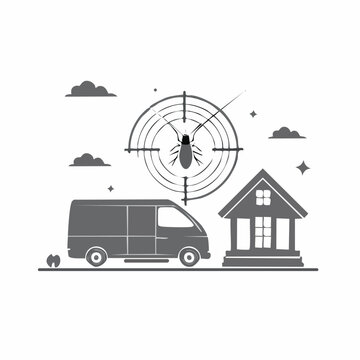 Pest Control Service Icon: Van, House, and Target with Insect