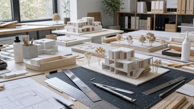 Model making in architecture studio during daylight with various architectural models, tools, and materials on the work table