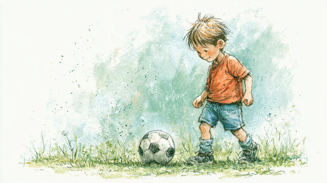 草原の上でサッカーボールを追いかける小さな男の子を描いた、やさしい雰囲気の児童向けイラスト作品、外遊びの楽しさやのびのびとした成長を感じる爽やかな生活シーン、教育素材、児童向け、保育、園児、成長記録、水彩イラスト、手描き、子ども、男の子、サッカー、ボール遊び、スポーツ、屋外、自然、公園、運動、元気、笑顔、幼児、成長、日常、人物、キッズ、遊び、背景、挿絵、絵本風、広告、ブログ、ストック素材、商用利用