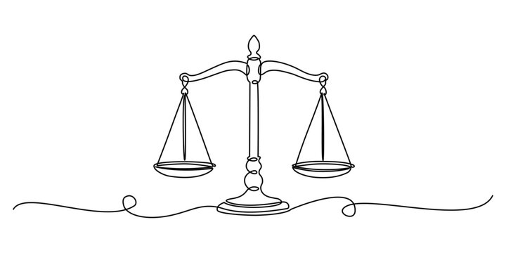 Continuous line drawing of a balance scale, symbolizing fairness, justice, and business ethics, editable line art vector illustration