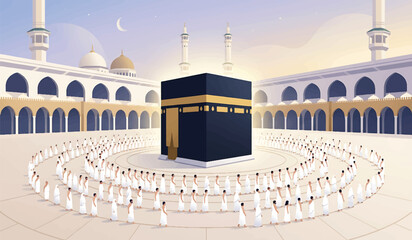 A large group of people in white robes gather around the Kaaba in Mecca, Saudi Arabia, during Hajj pilgrimage © MdMizanur