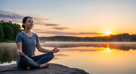 Fototapeta premium Woman Practicing Yoga and Meditation by a Calm Lake at Sunrise