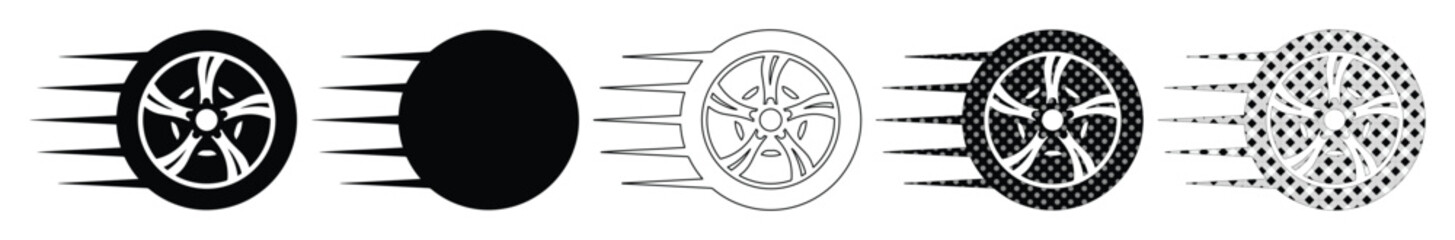 Dynamic speed wheel icon set, black and white vector graphics for fast delivery and automotive themes. Modern motion blur effect, ideal for transportation and racing designs. © Logan