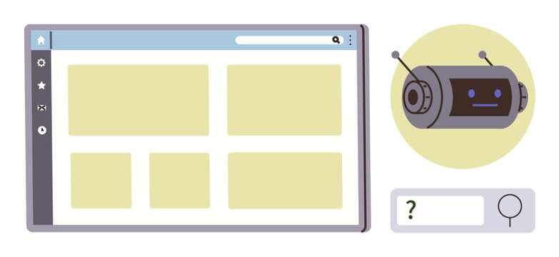 Artificial intelligence, communication tools, web design, chatbot assistance, digital interface, virtual assistant. A browser window, chatbot icon and search bar. AI communication and web design