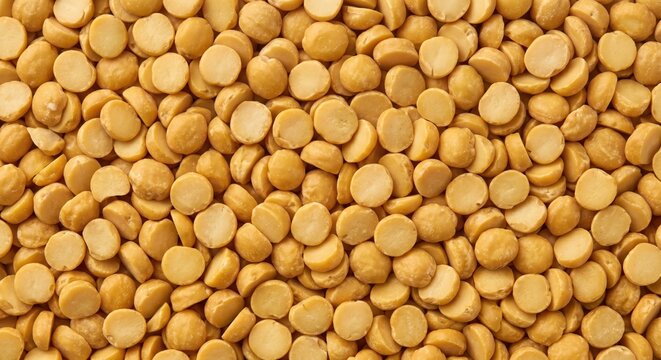 Overhead shot of split yellow peas showing their small, round, flattened shape and vibrant yellow-orange color, an essential ingredient for soups and dals