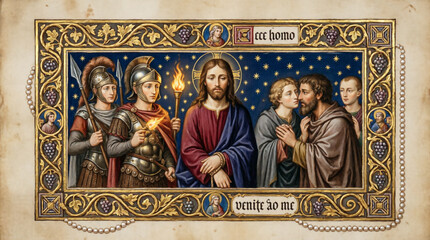 Fototapeta premium Gilded vintage masterpiece captures the timeless biblical betrayal of Christ.